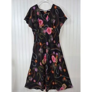Millenium Floral Paisley Faux Wrap Midi Dress Black Pink Split 
Sleeve 16 Sheer